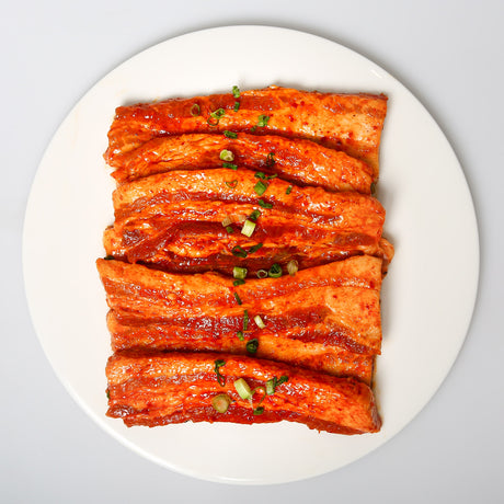 Sliced pork belly marinated in secret gochujang sauce. Crafted in-house by our skilled butchers, these are perfect for grilling or pan-frying.